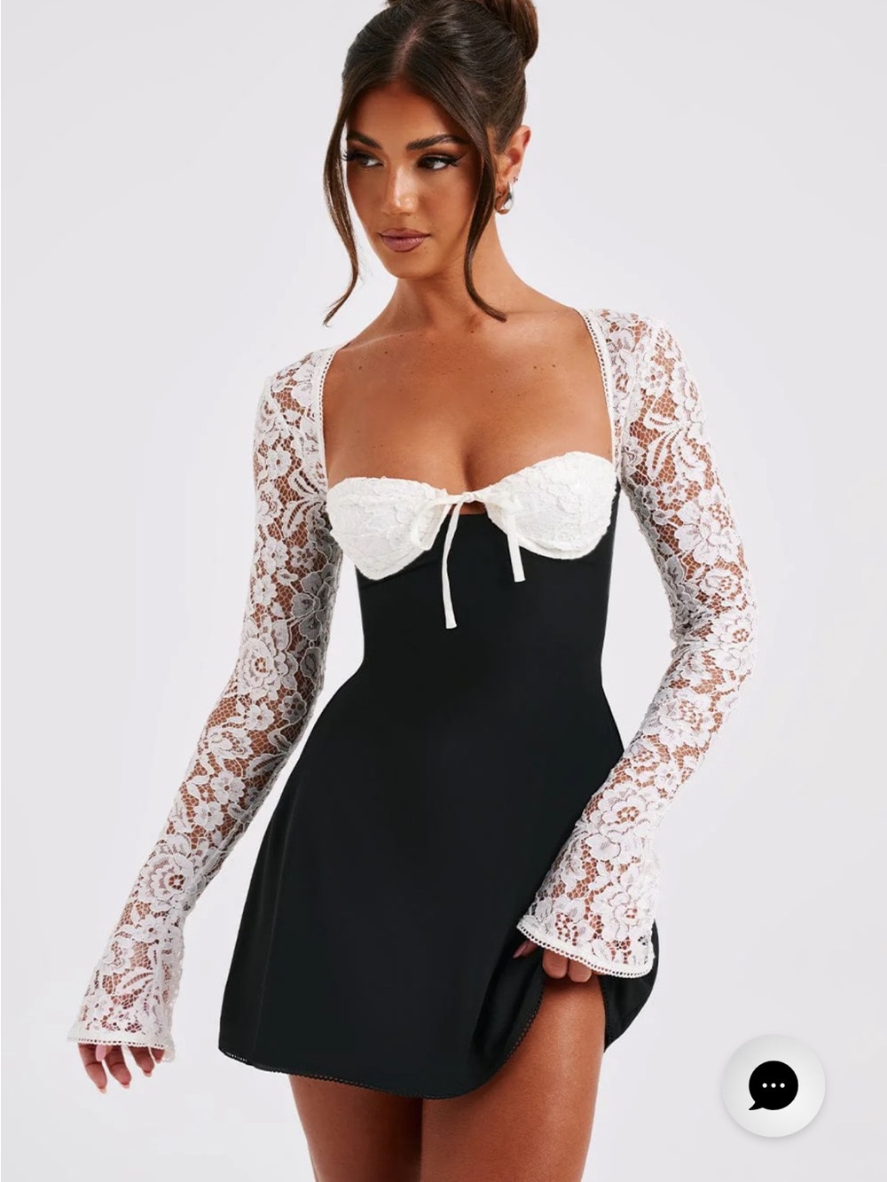 White Lace Sleeve Black Mini Dress - Elegant Contrast Women's Dress